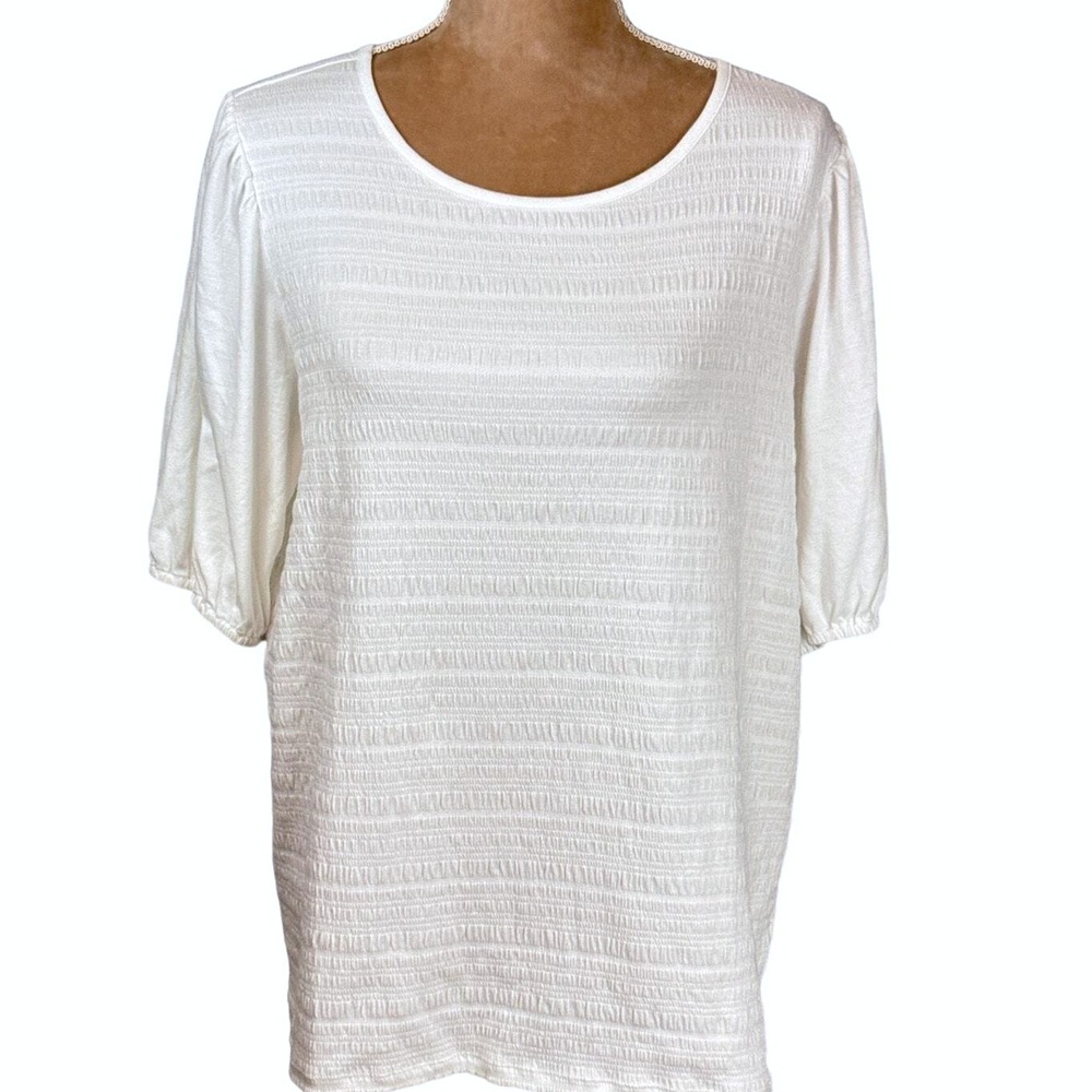 Talbots Smocked Top Womens 1X‎ White Puff Sleeve Scoop Neck Cotton Blend Stretch